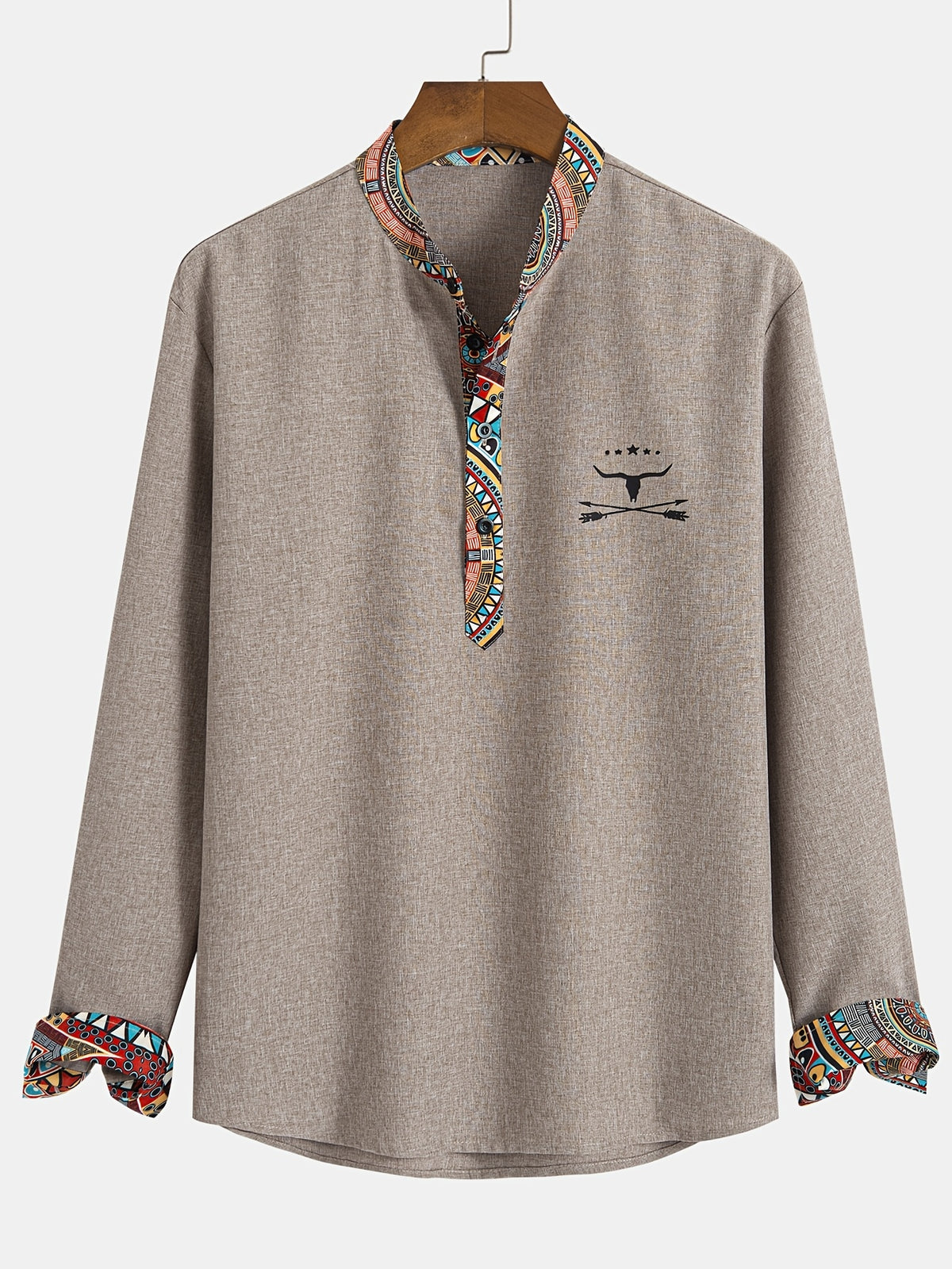 Men'S Fashion New Special Mixed Color Fabric Contrasting Color Printing Design Stiff And Skin-Friendly Material Small Stand Collar 2/1 Half Placket Daily Casual Fashion Classic Versatile Going Out Commuting Hawaiian Style Summer New Long-Sleeved Shi - Khaki