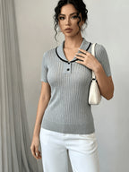 Women'S Summer Clothing Short Sleeve Solid Color Sweater, Lapel Hollow Out Design, Slim Fit Style Pullover, Spring Summer Season - Grey
