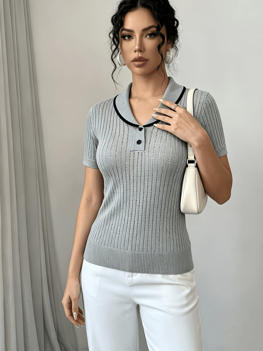 Women'S Summer Clothing Short Sleeve Solid Color Sweater, Lapel Hollow Out Design, Slim Fit Style Pullover, Spring Summer Season - Grey