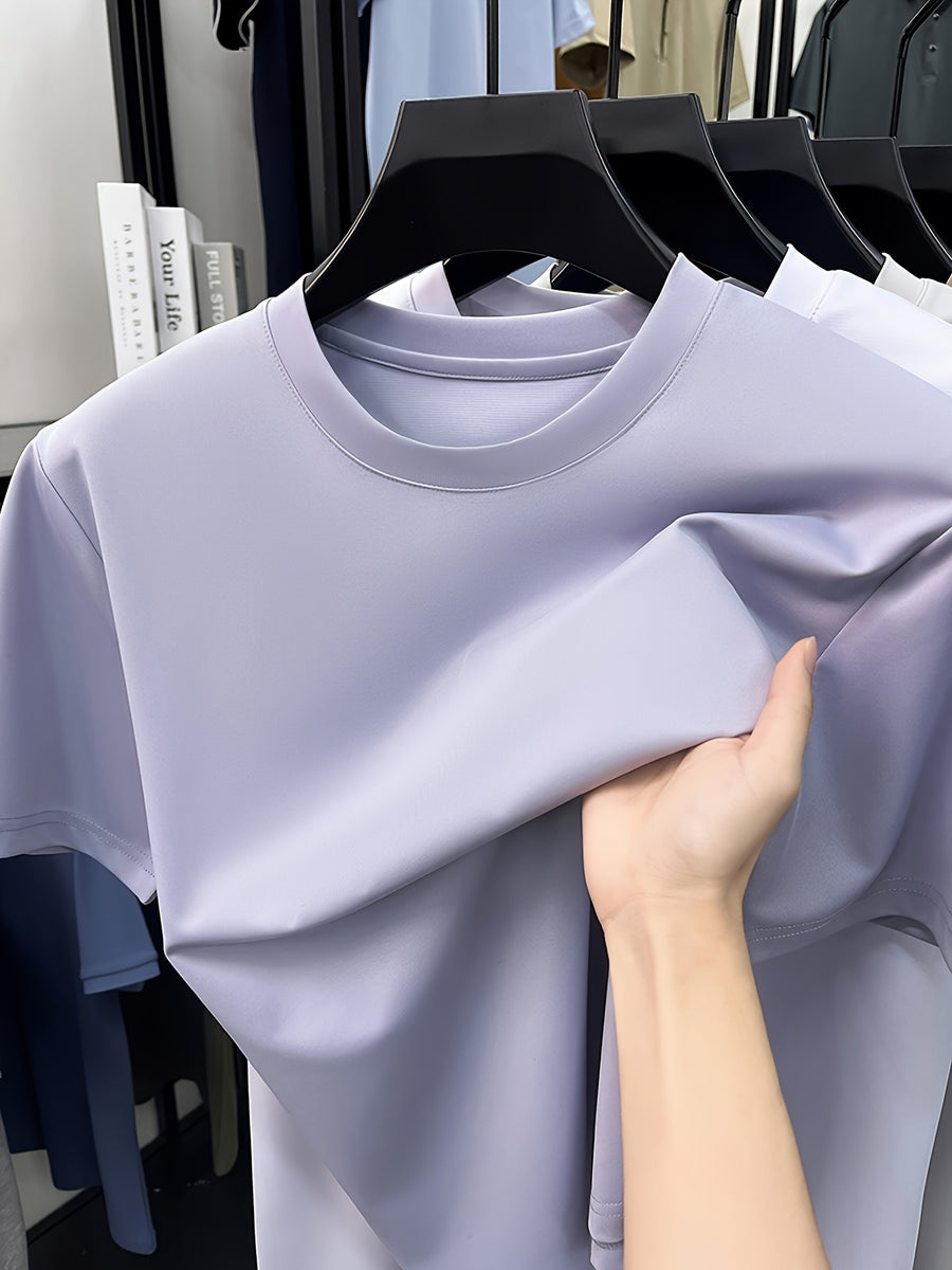 NERPOLO Men's Solid Color Short Sleeve T-Shirt - Round Neck Casual Summer Tee with Suitable for Middle-Aged, Regular Fit Breathable Shirt, Hand Washable Solid Color Round Neck Half-Sleeve Blouse for Casual Attire (No Transparency) - Taro Purple