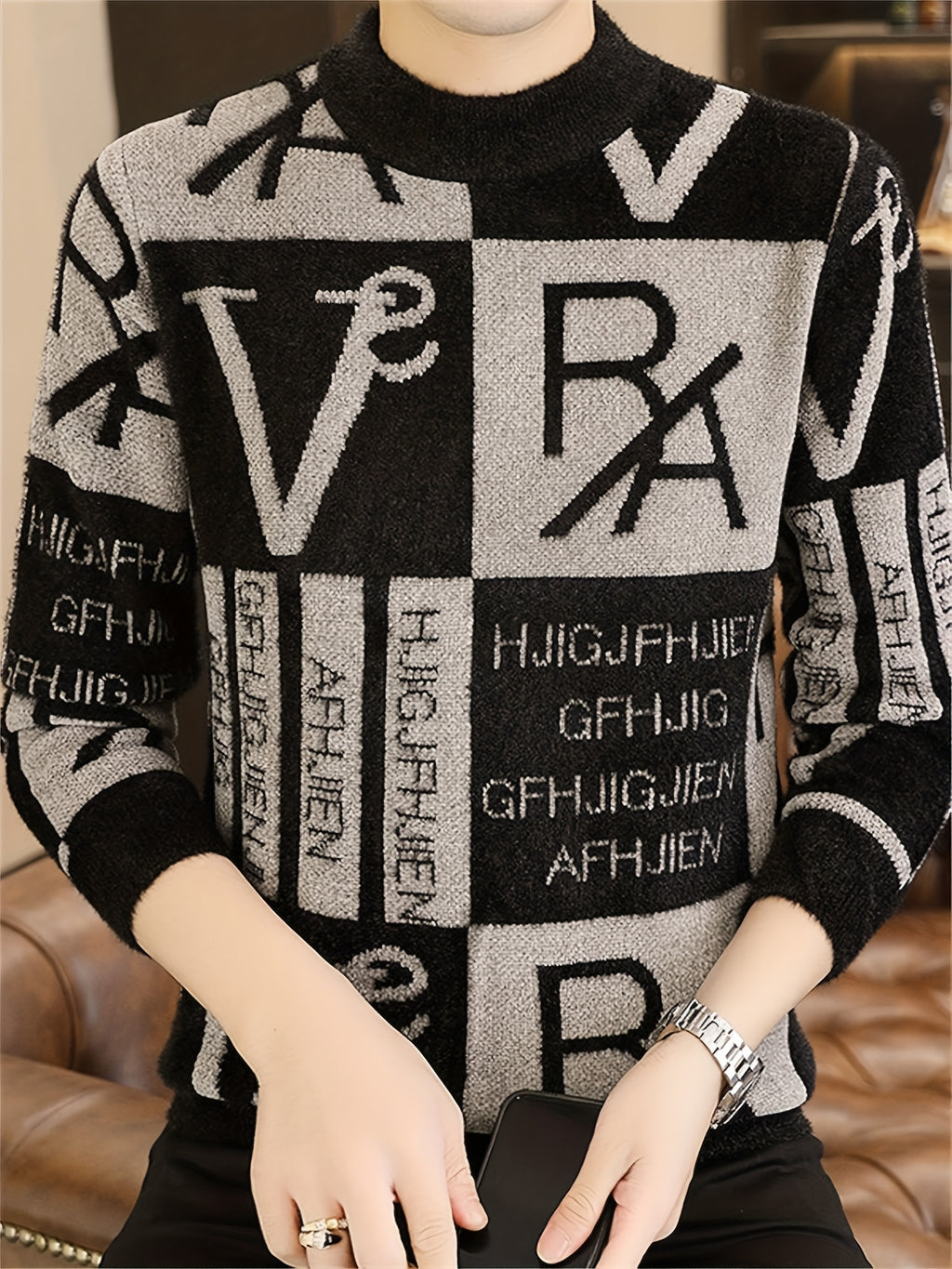 [Maiqiqi Obm]New Autumn And Winter Men'S Knitted Pullover, Round Neck Letter Patchwork Knit Sweater, Featuring a Unique Combination of Letters And Text Elements, Creating a Distinct Street Fashion Vibe And a Casual Stylish Atmosphere - Grey
