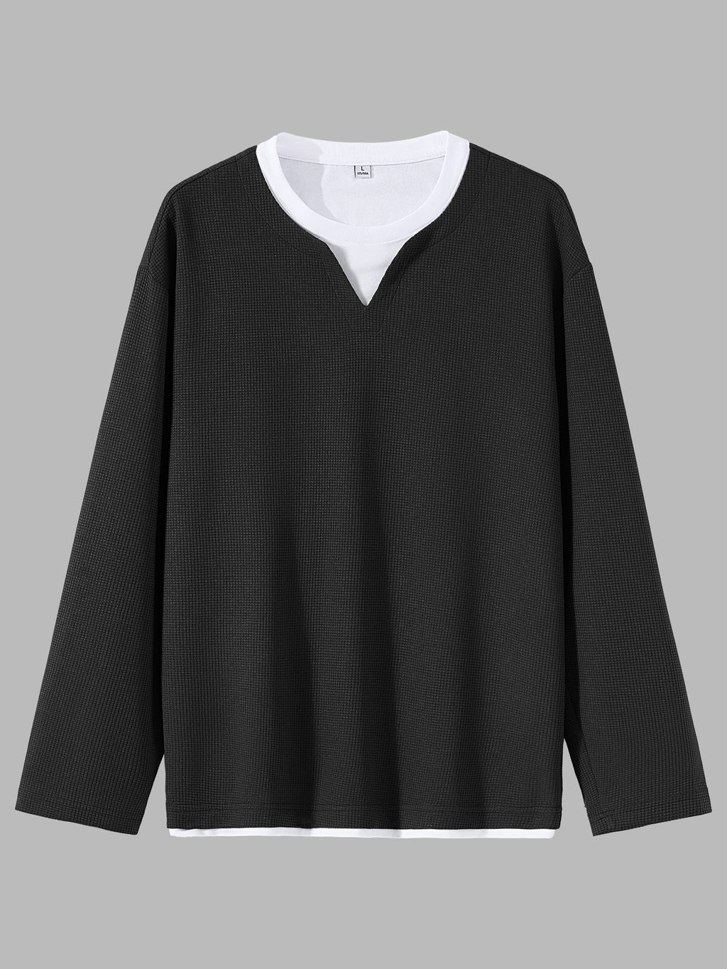 Men'S Spring And Autumn Fashion Waffle Long Sleeve T-Shirt - Black