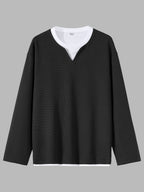 Men'S Spring And Autumn Fashion Waffle Long Sleeve T-Shirt - Black