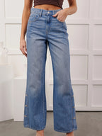 Women'S Jeans with Stretch Waist, All-Match Stretch Straight Leg Pants with Multiple Buttons And Slit - Blue