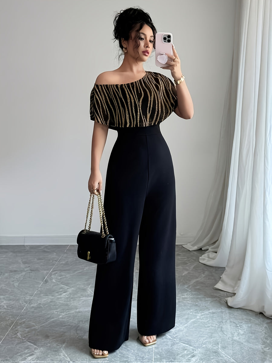 Women'S Golden Foil Patchwork Off-Shoulder Jumpsuit - Black