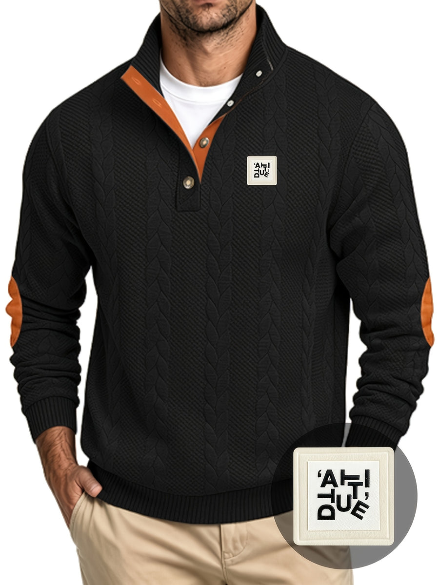 Men'S Casual Long Sleeve Knit Sweater, Textured Cable And Diamond Pattern, Stand Collar with Button Placket, Contrast Elbow Patch Details, Ribbed Cuffs And Hem, Ideal for Fall Winter Work, Travel, Golf And Daily Wear - Black