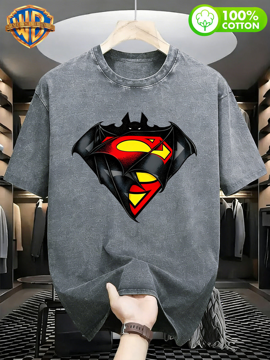 Warner Bros. Official & Superman Classic Fusion S Logo Print Washed T-Shirt, American Vintage Streetwear Round Neck Short Sleeve, Men's 100% Pure Cotton Washed Casual Comfortable Versatile Loose Summer Short Sleeve T-Shirt, Suitable for Outdoor - Grey