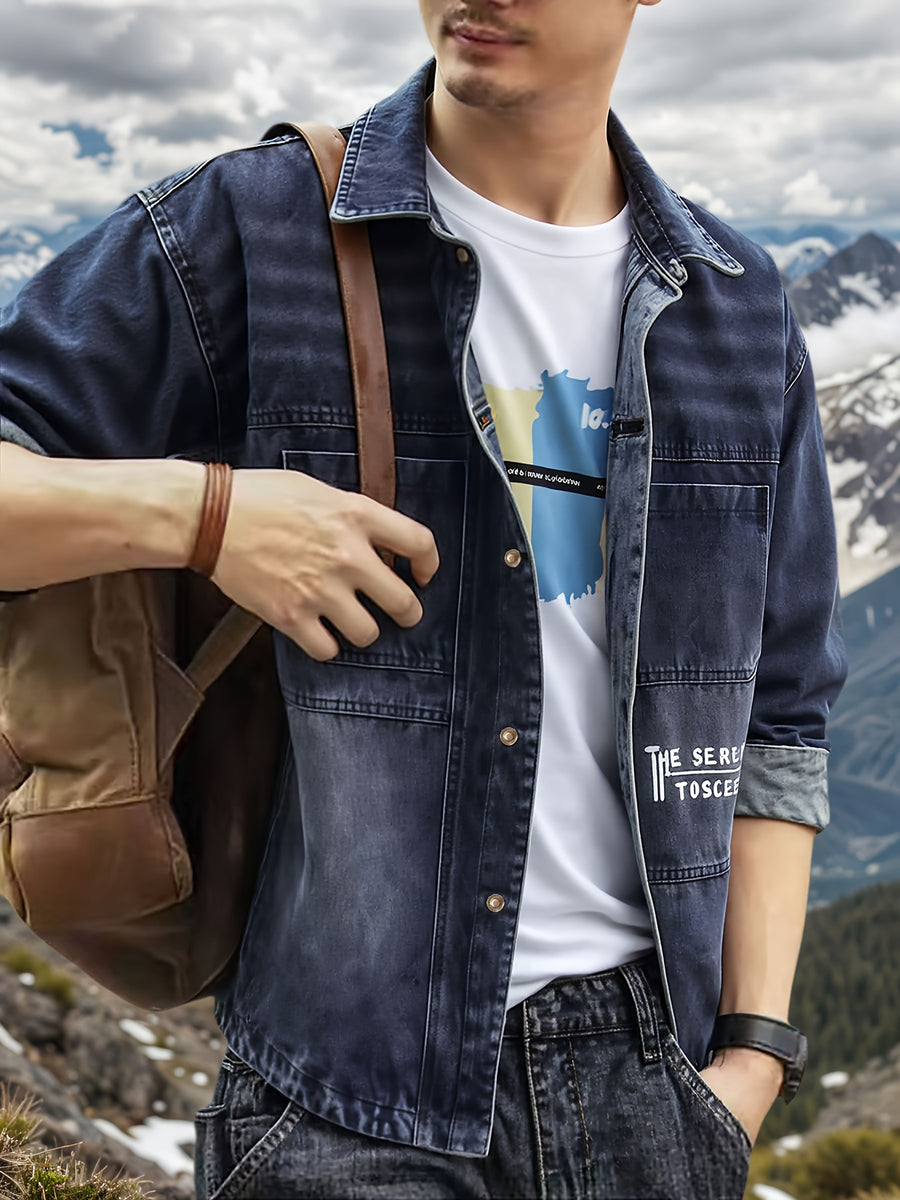 Men's Casual Denim Shirt, Spring and Autumn Fashion Denim Jacket, Blue Washed Denim Shirt, Collegiate Style, Adult Sizes - Peacock Blue