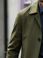 Men's Mid-length Trench Coat with Lapel and Two-button Closure, a Business-casual Windproof Outerwear Jacket, Includes Gloves, Size P - Military Green