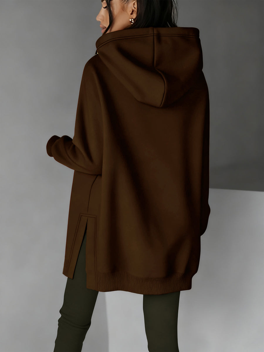 Women'S Stylish Hoodie with Side Slits And Drawstring for Autumn And Winter, Perfect for And Casual Wear, Featuring Cute Prints And a Comfortable Fit, Available in Multiple Colors - Dark Brown