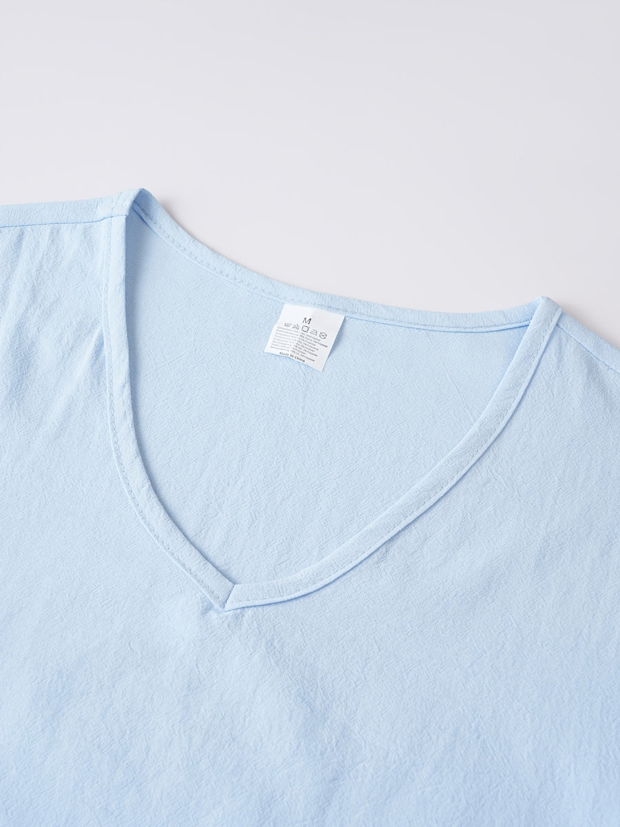 Japanese Texture Pleated Linen Athletic Long Sleeve Men'S Size Large V-Neck Loose Commuter Fitness Outerwear Lightweight Sunscreen Base Layer Summer Non-Stuffy Sunscreen Long Sleeve Loose V-Neck Linen Men'S Casual Athletic T-Shirt - Powder blue