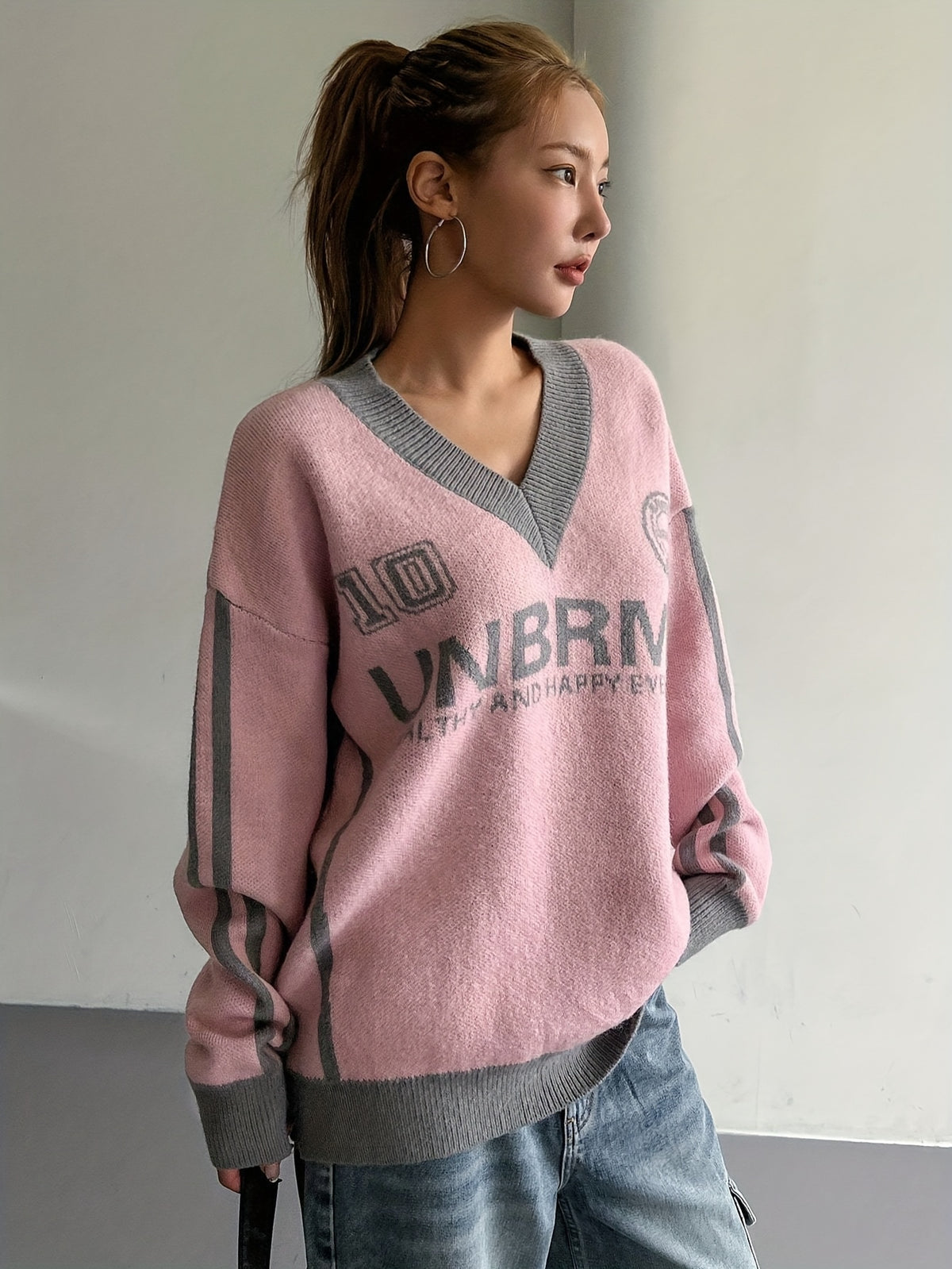 Women's Designer Academic Style V-Neck Vintage Streetwear Sweatshirt with American Lettering and Color Blocking - Pink Color