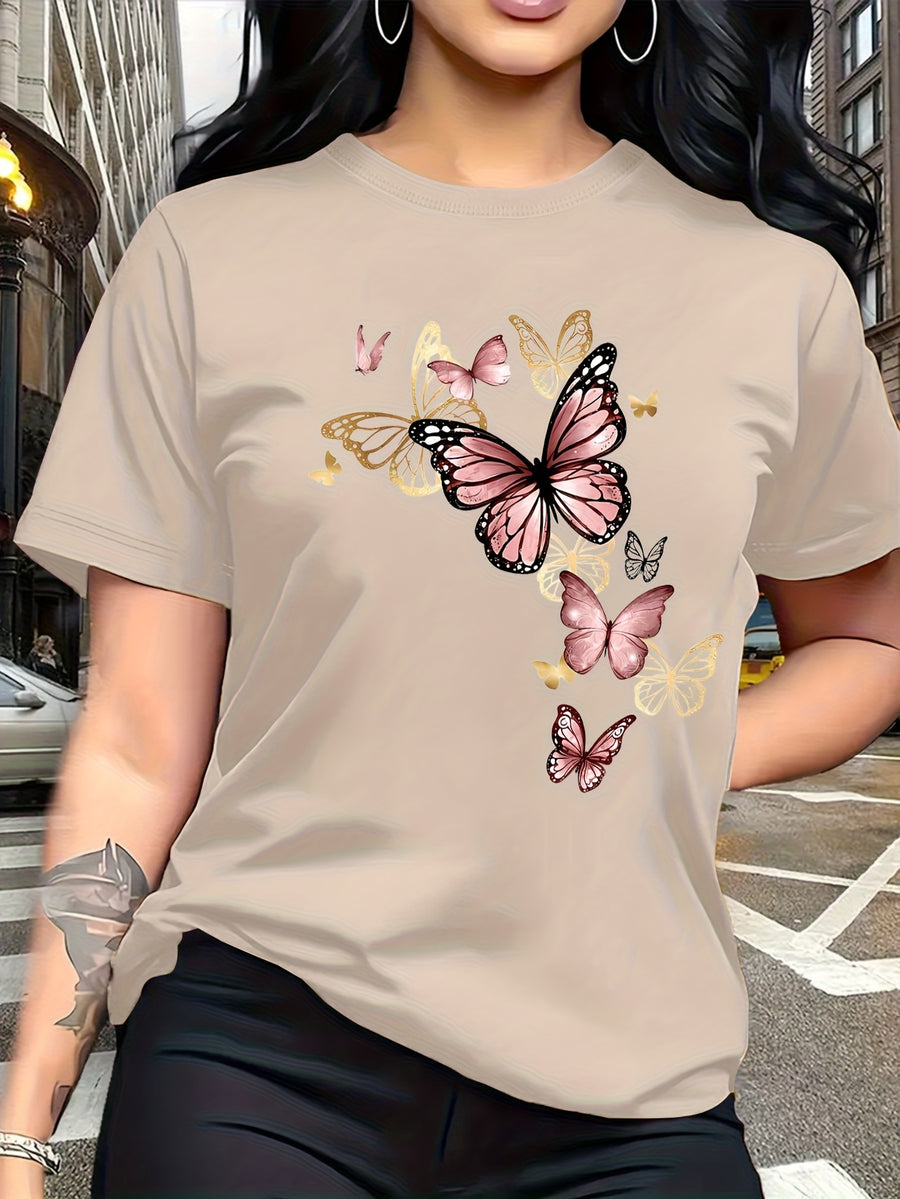 Watercolor Style Butterfly Pattern Print, Fashion Breathable T-Shirt, Family Travel, Campus, Casual, Daily Commute, Sisters' Matching Outfit, Versatile T-Shirt - Apricot