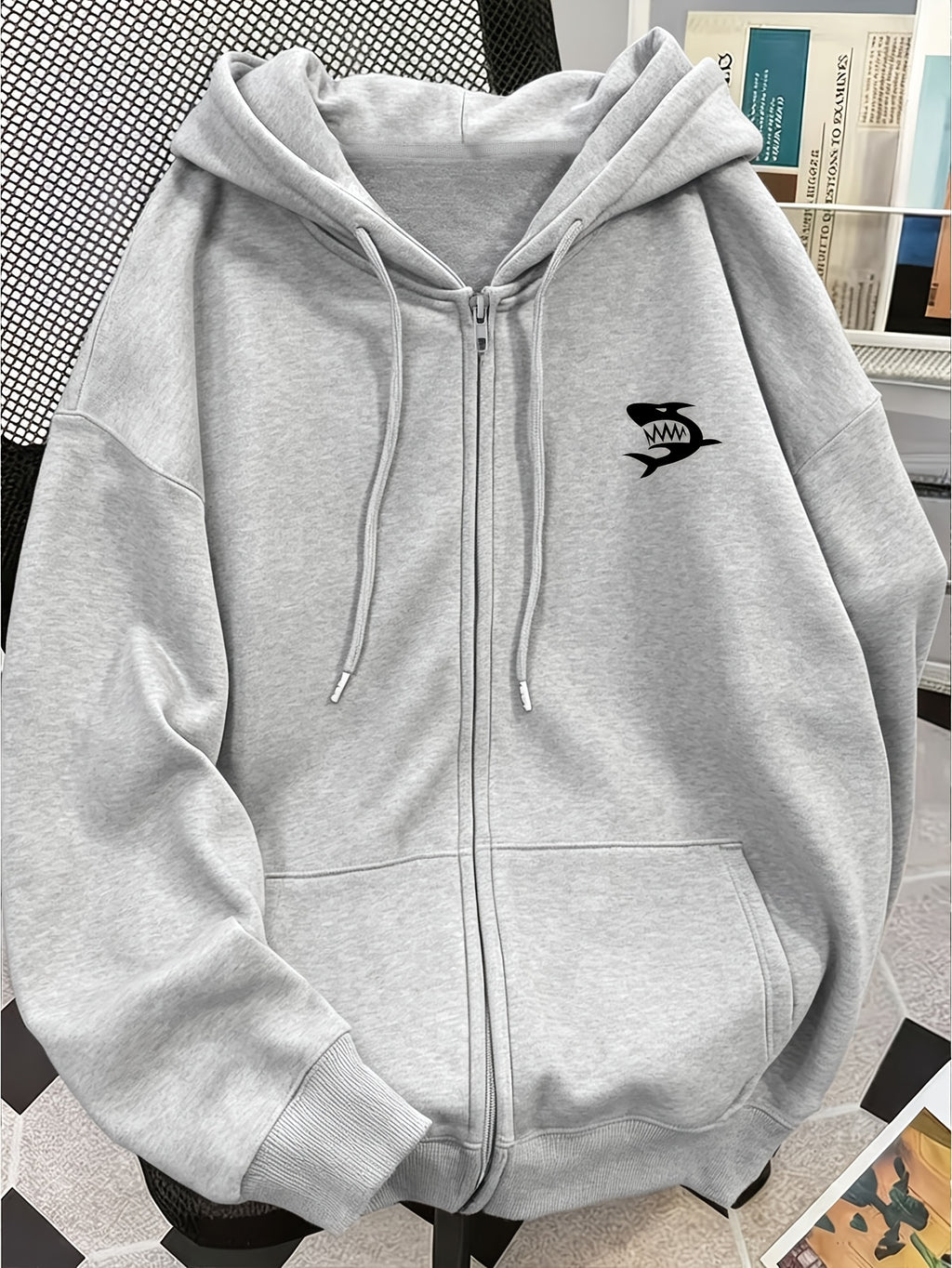 Women'S Fall Winter Fleece Loose Zip-Up Hooded Sweatshirt Jacket - Premium Trendy Niche Minimalist Youthful Versatile Casual Y2K Retro Style Small Shark Silhouette Print Design Top - Light Grey