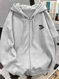 Women'S Fall Winter Fleece Loose Zip-Up Hooded Sweatshirt Jacket - Premium Trendy Niche Minimalist Youthful Versatile Casual Y2K Retro Style Small Shark Silhouette Print Design Top - Light Grey
