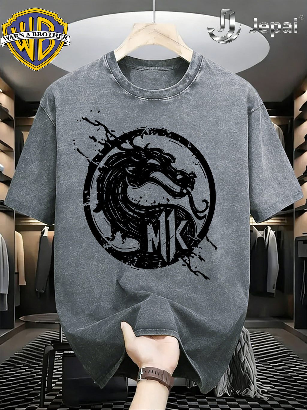 Warner Exclusive, Hip-Hop High Street "Mortal Kombat" Themed Print Design Men's Summer Loose Fit Crew Neck Commuter Short Sleeve T-Shirt, Versatile Styles, Loose Fit, Suitable for Summer Wear, Outdoor Activities, Fitness, Parties, Festivals - Grey