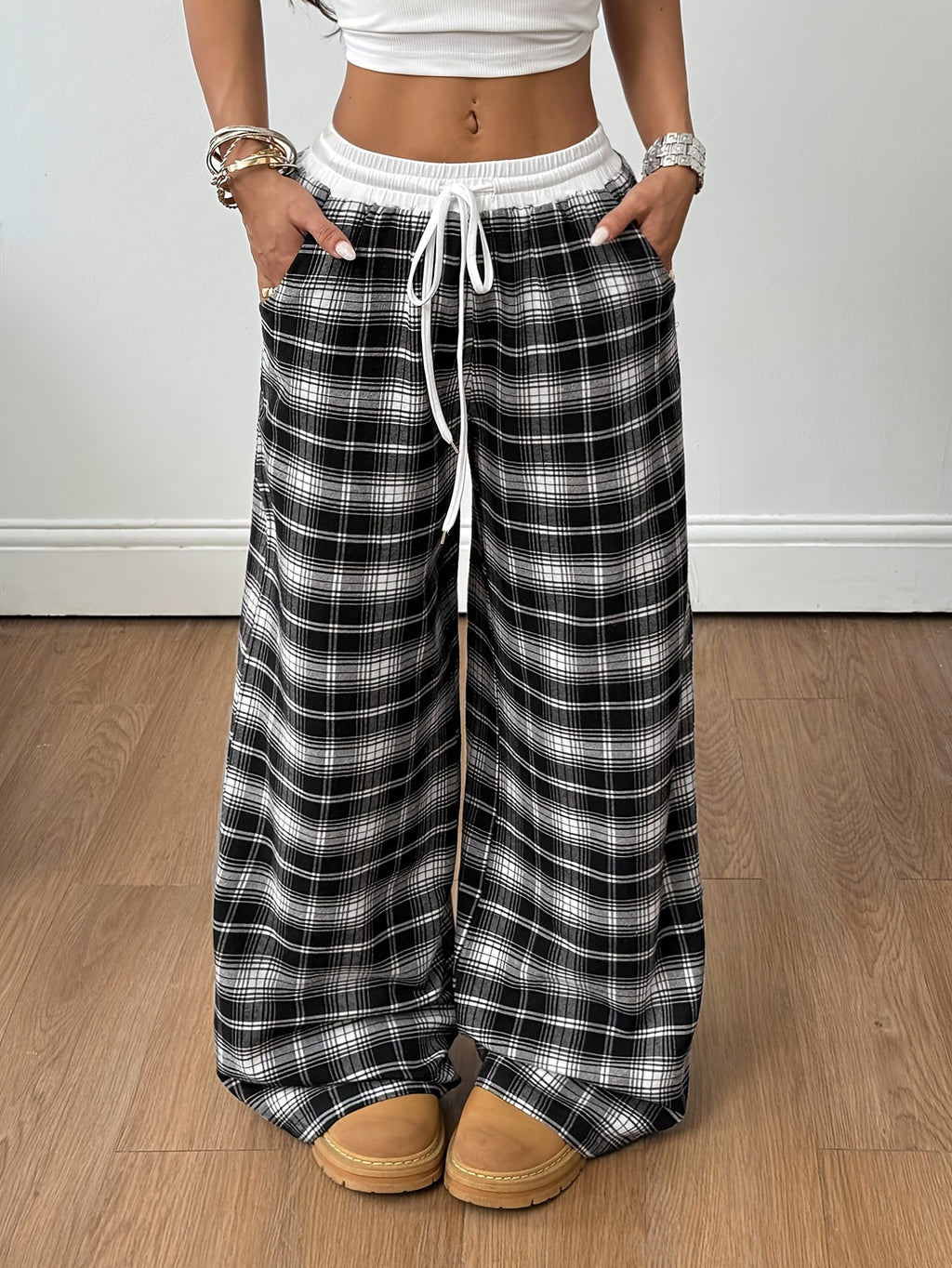 Women'S All-Season Basic Casual Street Style Plaid Contrast Low-Waist Loose Wide-Leg Trousers, Spring/Autumn Women'S Clothing - Black