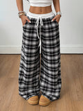 Women'S All-Season Basic Casual Street Style Plaid Contrast Low-Waist Loose Wide-Leg Trousers, Spring/Autumn Women'S Clothing - Black