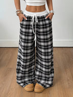 Women'S All-Season Basic Casual Street Style Plaid Contrast Low-Waist Loose Wide-Leg Trousers, Spring/Autumn Women'S Clothing - Black
