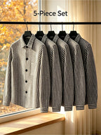 Men'S 5pcs Striped Button-Up Shirt Set, Mixed Colors, Multiple Sizes Available, Polyester Material, Classic Collar And Button Placket, Textured Look, Ideal for Autumn Wear, Hanging on Black Rack by Window - Mixed colors