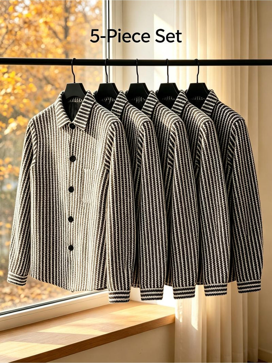 Men'S 5pcs Striped Button-Up Shirt Set, Mixed Colors, Multiple Sizes Available, Polyester Material, Classic Collar And Button Placket, Textured Look, Ideal for Autumn Wear, Hanging on Black Rack by Window - Mixed colors