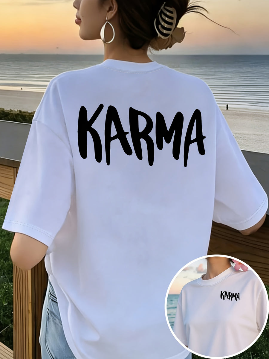 Front And Back Print T-Shirt, Cause And Effect, KARMA Pattern Women'S Round Neck Casual Short Sleeve Top, Trendy Fashion Casual Style, Women'S Double-Sided Printed Top, Round Neck Women'S Short Sleeve T-Shirt S-XXL - White
