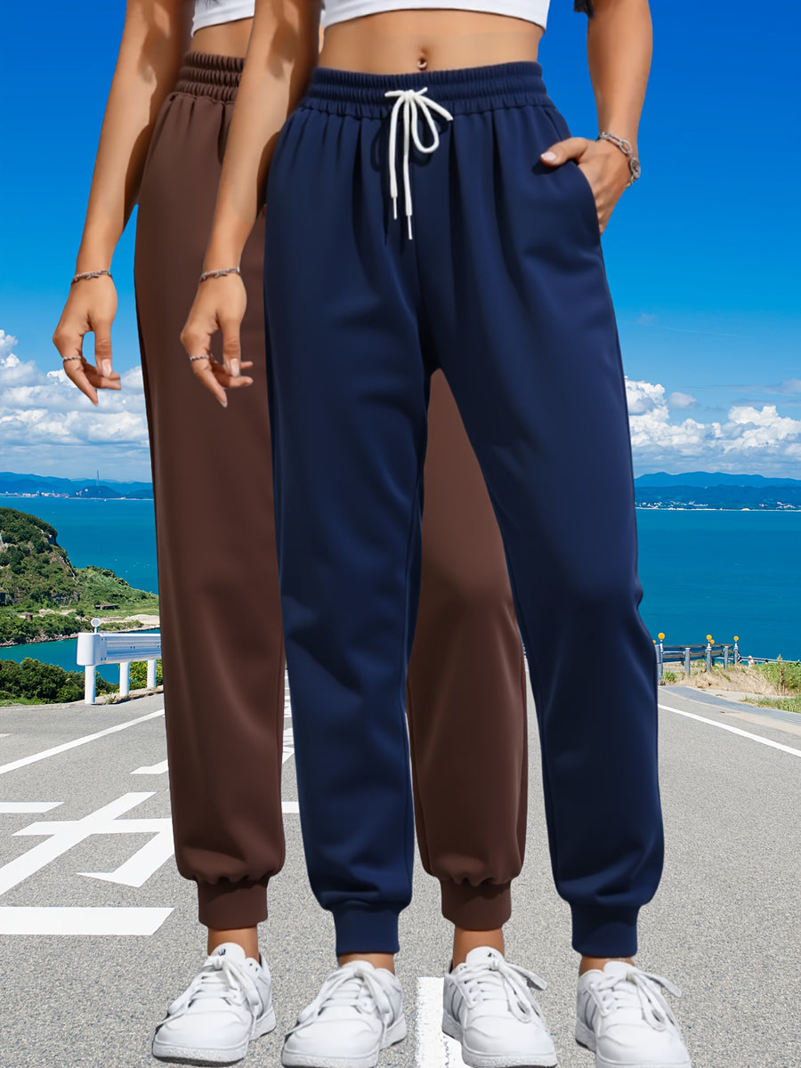Women's 2pcs Casual Joggers with Drawstring Waist - Comfortable, Loose Fit Sweatpants with Pockets, Solid Color, Ladies Jogging Suits - created-sapphire+coffee