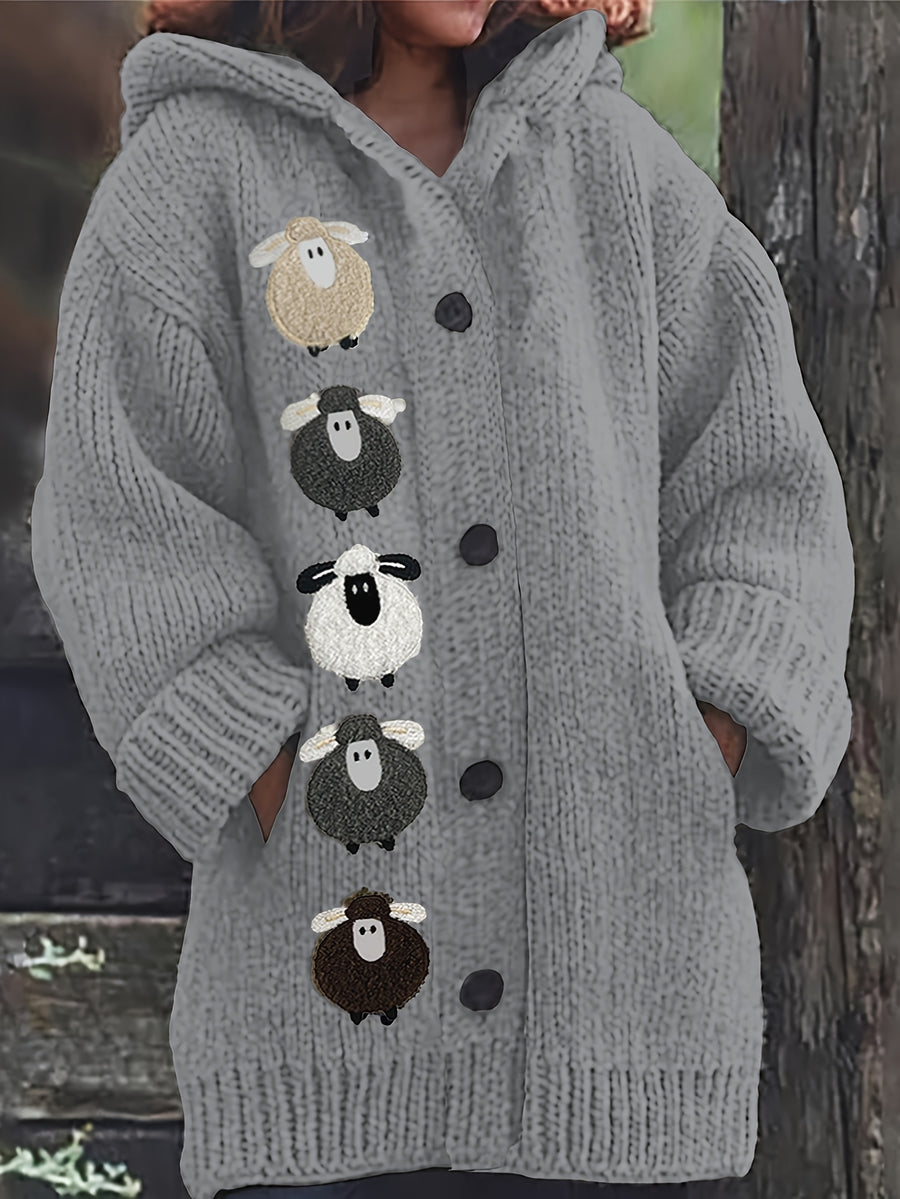 Winter Women's Elegant Hooded Oversized Outerwear Jacket, Multi-Color Little Lamb, Chunky, Soft, Thick, Beautiful, Stylish, Comfortable, Casual, Vintage, Commuting Cardigan, Gift - Grey