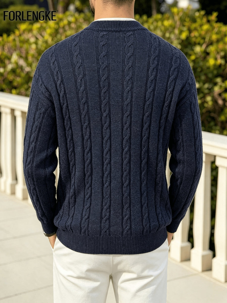FORLENGKE Autumn and Winter Men's Henry Collar Cable Knit Sweater with a Vintage 3D Twist Texture, Half-High Neck Long Sleeve Pullover, Exquisite Half-Button Design, Perfect for Casual Layering or Wearing Alone for Everyday Outings or Dates - Navy Color