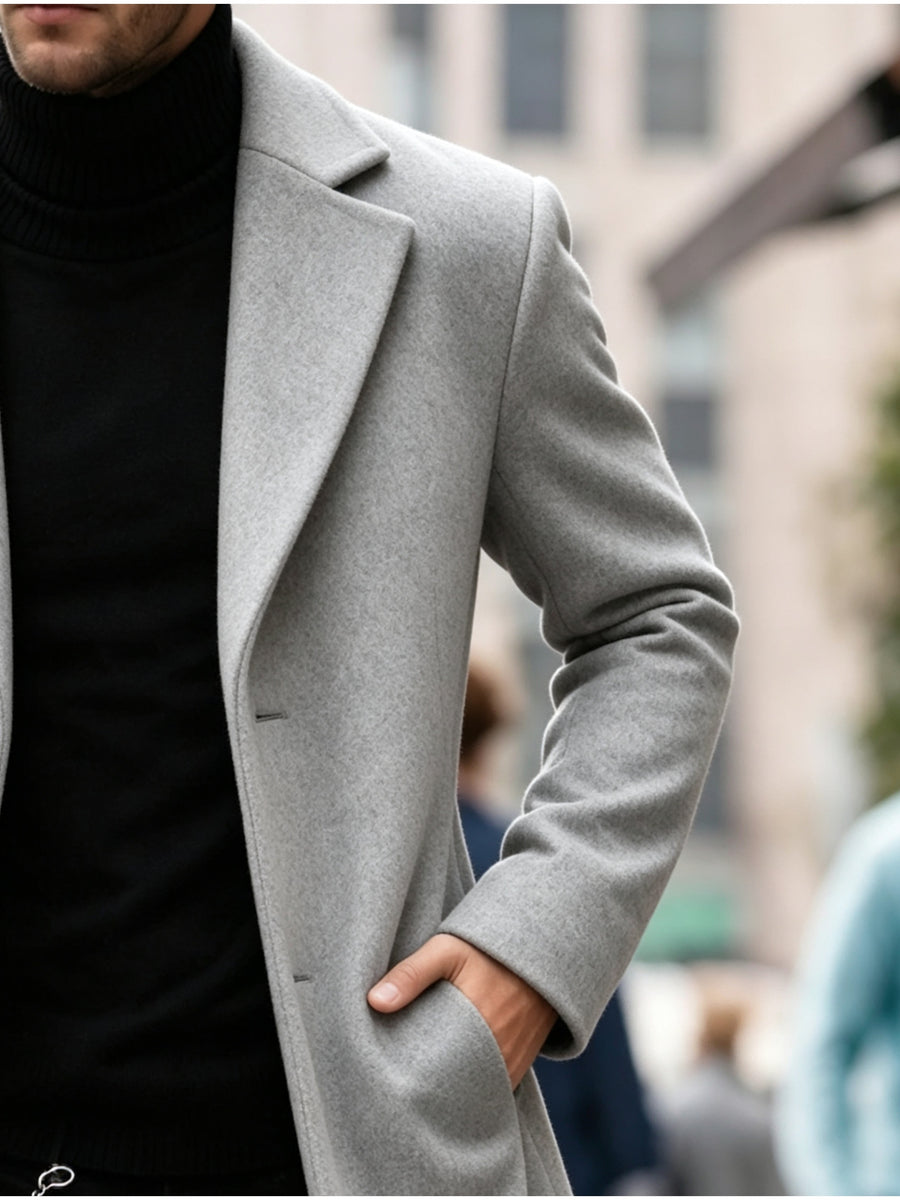 Men's Long Tweed Overcoat, European and American Style Suit Lapel Single-Breasted Slim Fit Blend Coat, Autumn/Winter Windproof and Warm Business Men's Wear, Multiple Colors Available, 100% Polyester - Light Grey