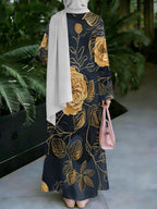 Women'S Hot Middle Eastern Style Muslim Elegant Robe, Black Background with Golden Large Rose Print, Grand Light Luxury Long Sleeve Flared Dress, Ideal for Festivals, Gatherings, And Travel, Good Drape Non- Craft - Mixed colors