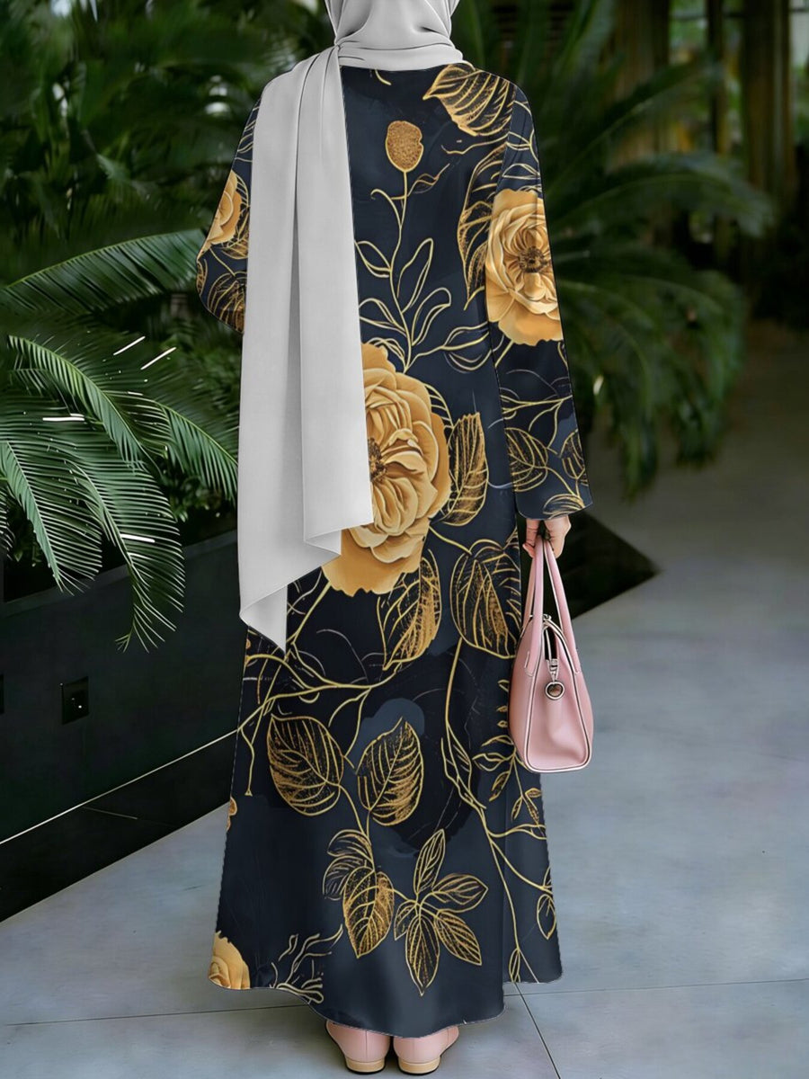 Women'S Hot Middle Eastern Style Muslim Elegant Robe, Black Background with Golden Large Rose Print, Grand Light Luxury Long Sleeve Flared Dress, Ideal for Festivals, Gatherings, And Travel, Good Drape Non- Craft - Mixed colors