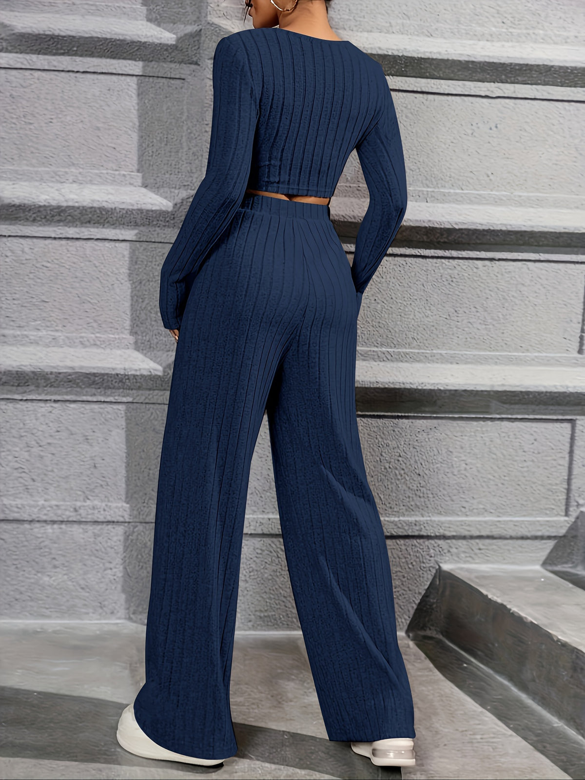 Elegant Directional Women'S Long-Sleeve T-Shirt And Casual Long Pants Set - Navy Color