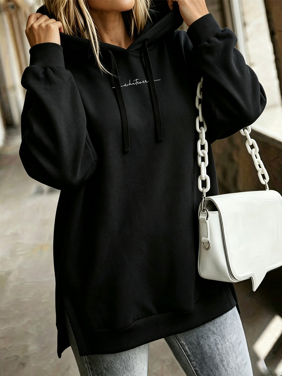 Women'S Fashion Hooded Sweatshirt for Autumn And Winter - Pattern Print Design, Side Slit Detail, Pullover Hoodie - Black