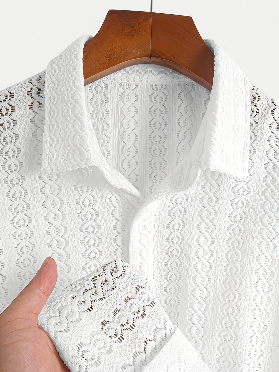 New Men's Solid Color Stretch Knit Openwork Plaid Jacquard Lapel Button- Casual Lightweight Shirt, Suitable for Daily Wear, Street Fashion, Summer, Autumn Menswear - White