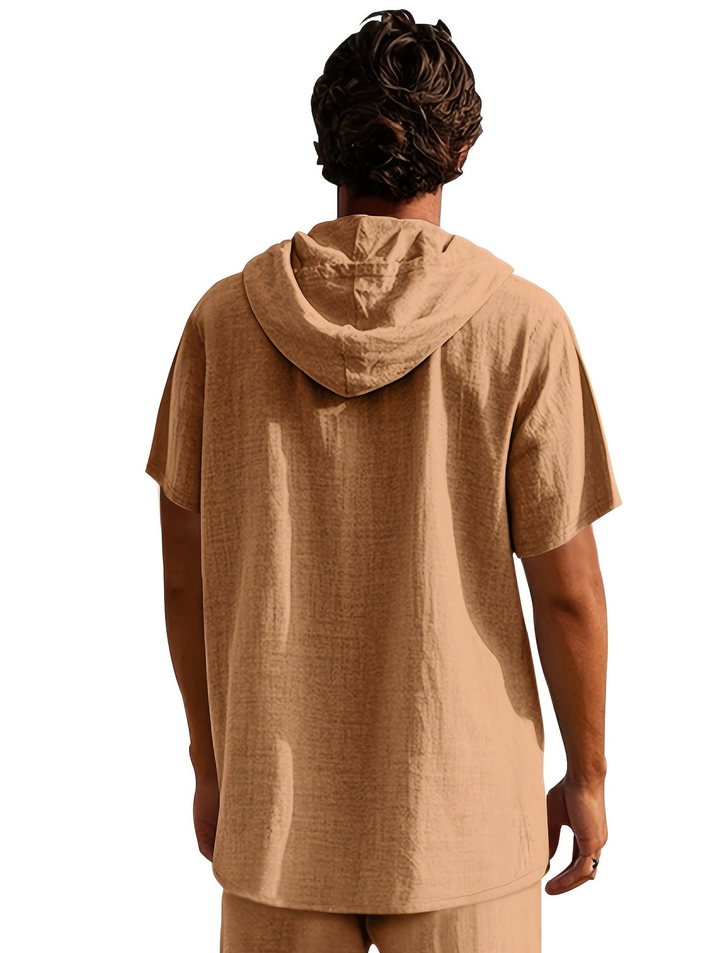 2pcs Men'S Linen Blend Short Sleeve Hooded Henley Shirt, Casual Half-Button Drawstring Hooded Top, Lightweight Breathable Wrinkle-Resistant Summer Beach Shirt, Loose V-Neck Linen Hooded T-Shirt, Suitable for Vacation, Casual Wear - Brown + Light White