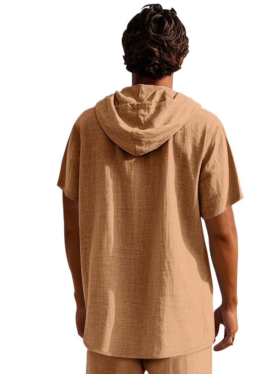 2pcs Men'S Linen Blend Short Sleeve Hooded Henley Shirt, Casual Half-Button Drawstring Hooded Top, Lightweight Breathable Wrinkle-Resistant Summer Beach Shirt, Loose V-Neck Linen Hooded T-Shirt, Suitable for Vacation, Casual Wear - Brown + Light White
