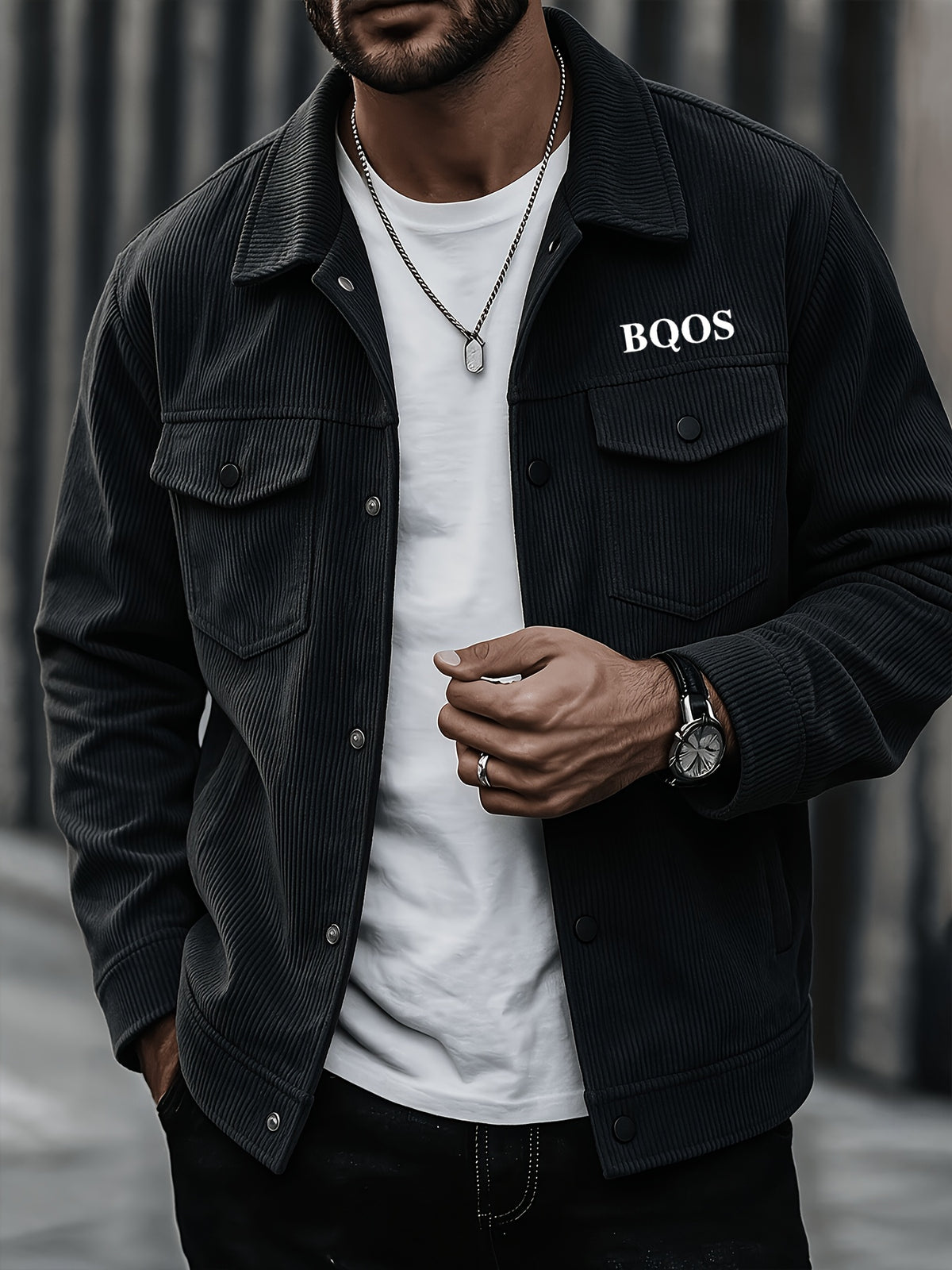 Men's American-style Corduroy Casual Jacket, Simple Casual Style, Lapel Collar, Single-Breasted with Multiple Pockets, Letter Embellishment, Comfortable Draping Fabric, Versatile Men's Apparel for Office Workers' Commuting and Outings in Spring - Black