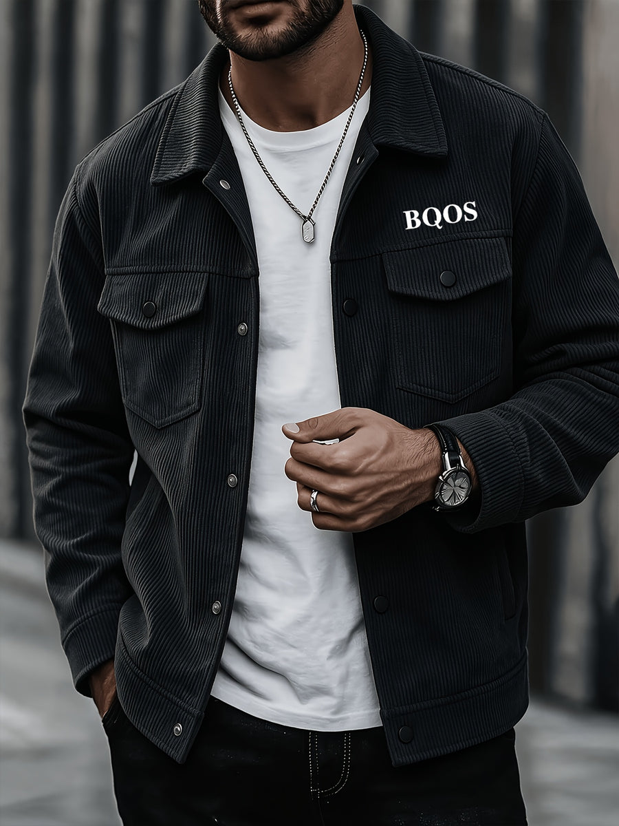 Men's American-style Corduroy Casual Jacket, Simple Casual Style, Lapel Collar, Single-Breasted with Multiple Pockets, Letter Embellishment, Comfortable Draping Fabric, Versatile Men's Apparel for Office Workers' Commuting and Outings in Spring - Black