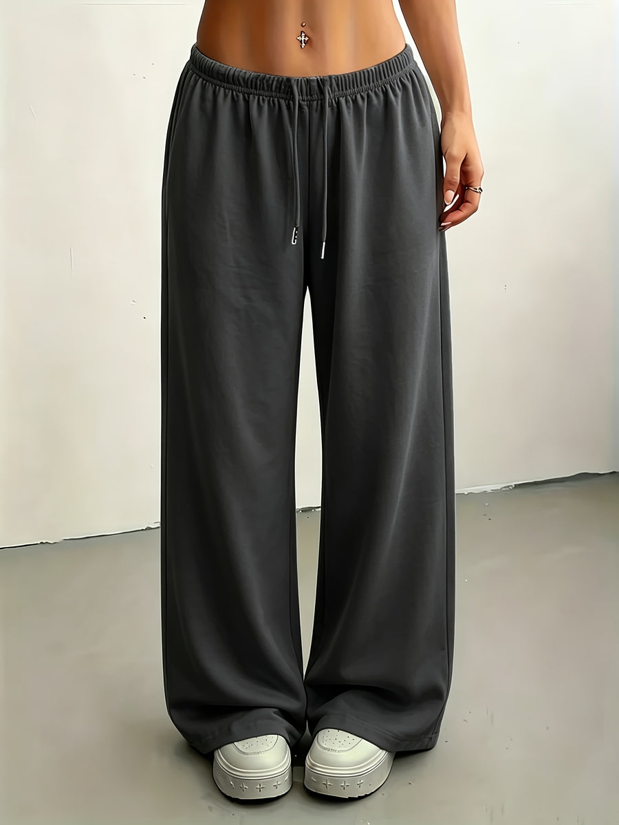 Lazy Style Solid Wide-Leg Pants Women'S High-Waist Drapey Floor-Length Trousers Versatile Casual Sweatpants - Dark Gray
