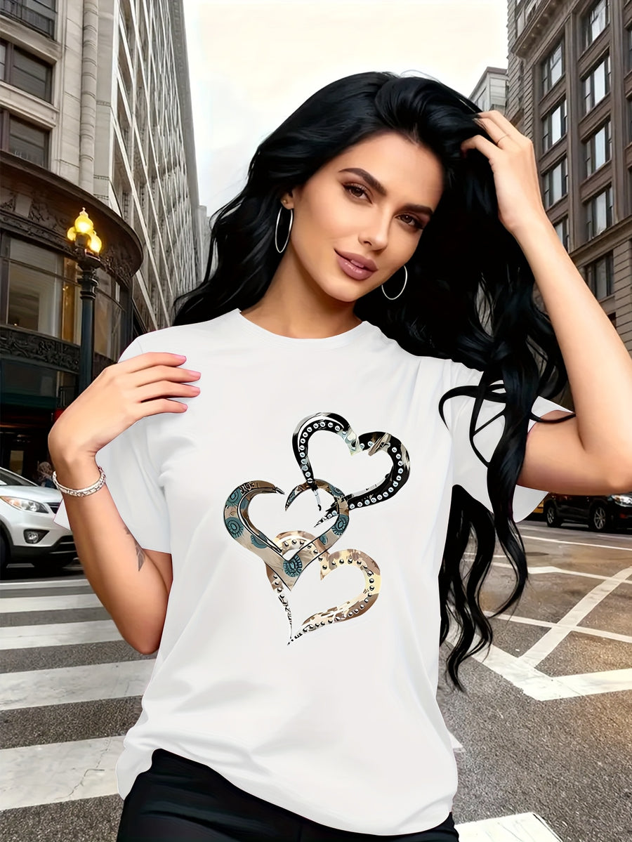 Emotion and Love" Representative, Metallic Art Heart Print Trendy Fashion, Simple Round Neck Casual Versatile Short Sleeve Women's T-Shirt for Leisure, Travel, and Vacation - White