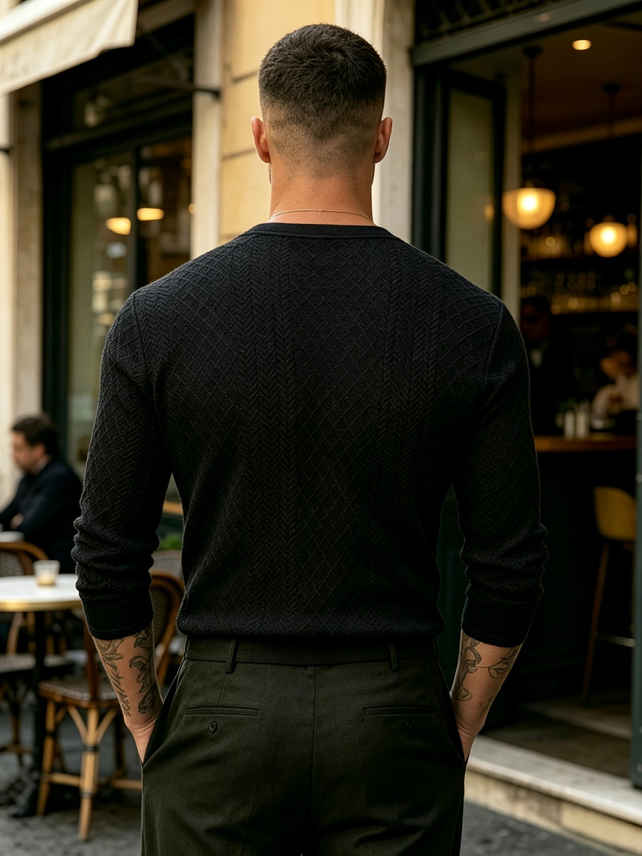 [Josh Mei OBM] Fall Winter Men'S Diamond Jacquard Henley Long Sleeve Sweater, Half-Button Placket Slim Fit Versatile Pullover Top, Suitable for Office, Street And Weekend Casual Wear Soft Knit Top, Multi-Color Options - Black