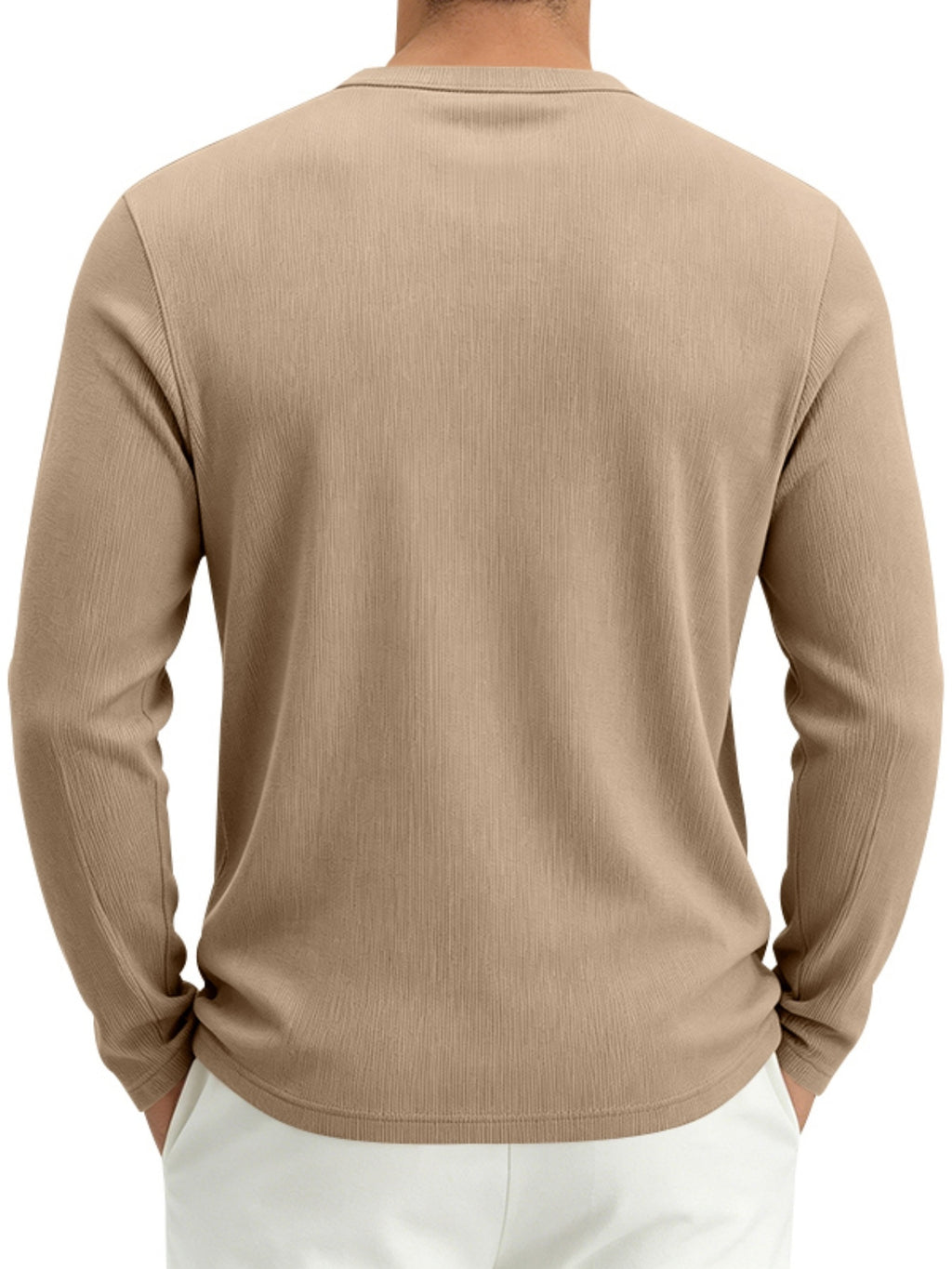 Men's Spring Fall Heavyweight Ribbed Henley Shirt, American Retro Casual Long Sleeve Top, Breathable Loose Commute Henley Neck Tee - Khaki