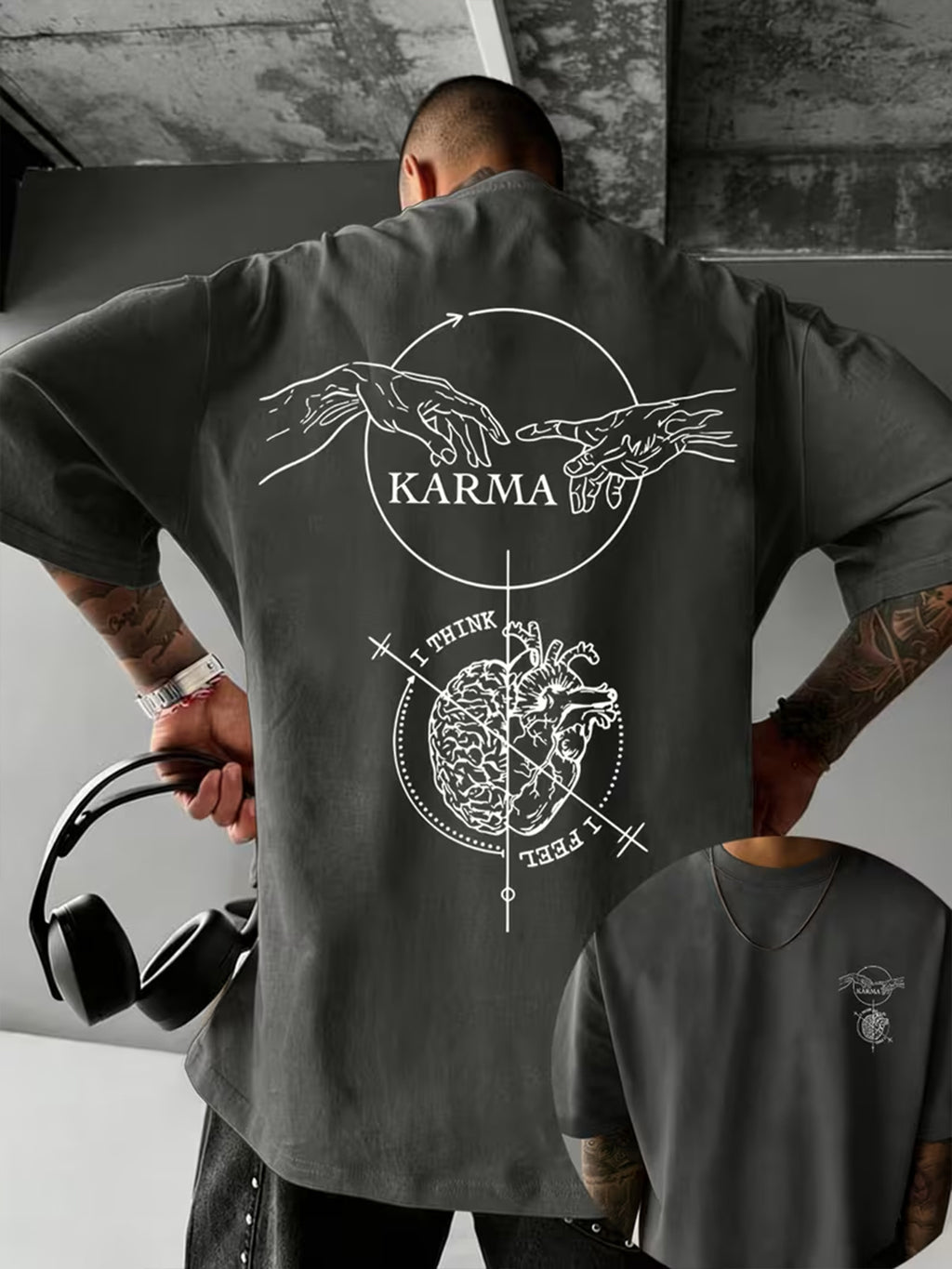 Causal Reincarnation Brain Heart Hand-Drawn Men'S Pure T-Shirt, Front And Back Double-Sided Genesis Hand, Half-Brain Heart Line English Print with Niche Dark Art Atmosphere, 100% Fabric Breathable And Skin-Friendly - Dark Gray