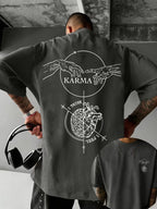 Causal Reincarnation Brain Heart Hand-Drawn Men'S Pure T-Shirt, Front And Back Double-Sided Genesis Hand, Half-Brain Heart Line English Print with Niche Dark Art Atmosphere, 100% Fabric Breathable And Skin-Friendly - Dark Gray