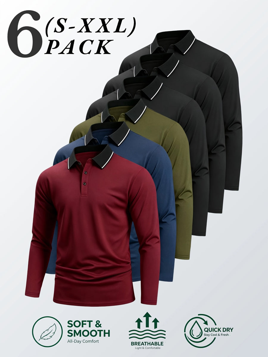 6pcs/Set Striped Lapel Long Sleeve Casual Sports Mesh Quick-Dry Breathable Comfortable POLO Shirt Basic Solid Color - Black 3+Red+Navy Blue+Green