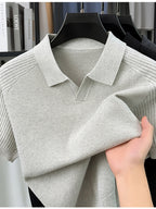 SaXing OBM Men's New Summer Style Polo Shirt, Old Money Style Textured Solid Color Ribbed Half-Placket Thin Breathable V-Neck Short Sleeve T-Shirt, Men's Fashionable Versatile Pullover Base Layer Top, Suitable for Summer Wear, Compatible with Daily - Beige gray
