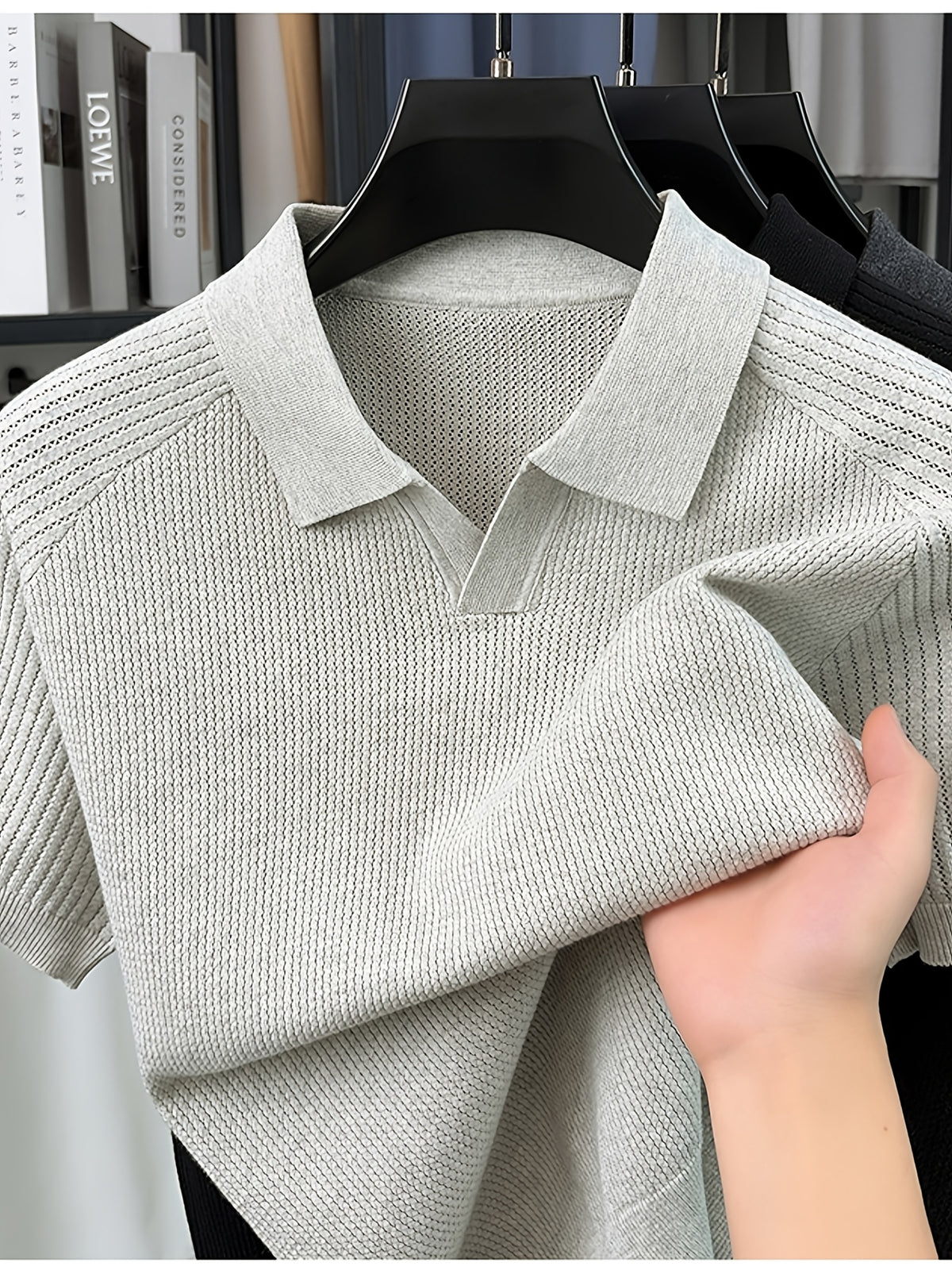 SaXing OBM Men's New Summer Style Polo Shirt, Old Money Style Textured Solid Color Ribbed Half-Placket Thin Breathable V-Neck Short Sleeve T-Shirt, Men's Fashionable Versatile Pullover Base Layer Top, Suitable for Summer Wear, Compatible with Daily - Beige gray