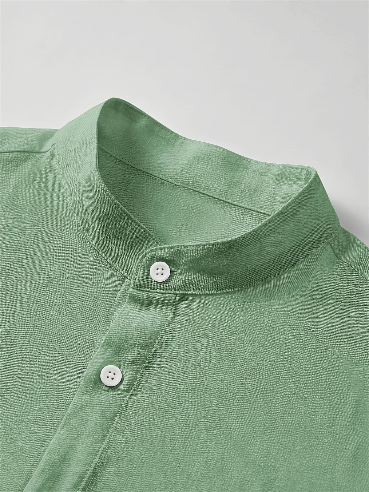 Men's Solid Color Casual Stand Collar Button- Long Sleeve Shirt. The Solid-colored Fabric Offers a Comfortable Feel, Making It a Great Gift for a Husband or Boyfriend for Home, Outings, Travel, and Beach Vacations. Men's Long Sleeves, Men's Tops - Green