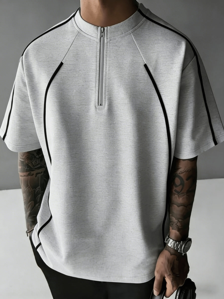 Heavyweight 260g Couple's T-Shirt, Unisex, Simple and Elegant Vintage Striped Casual Top, Versatile and Durable with Zipper Neckline - Beige Gray